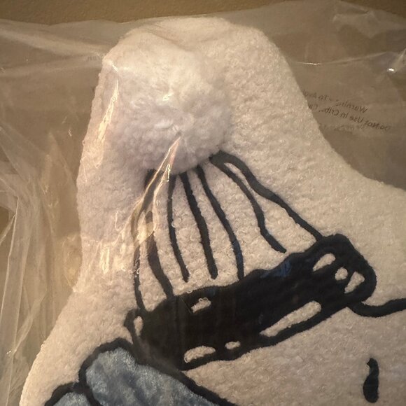 Snoopy Blue Plush Puffer Coat Pom Pon Stocking Decorative Pillow NWT 18x20" - Picture 2 of 5